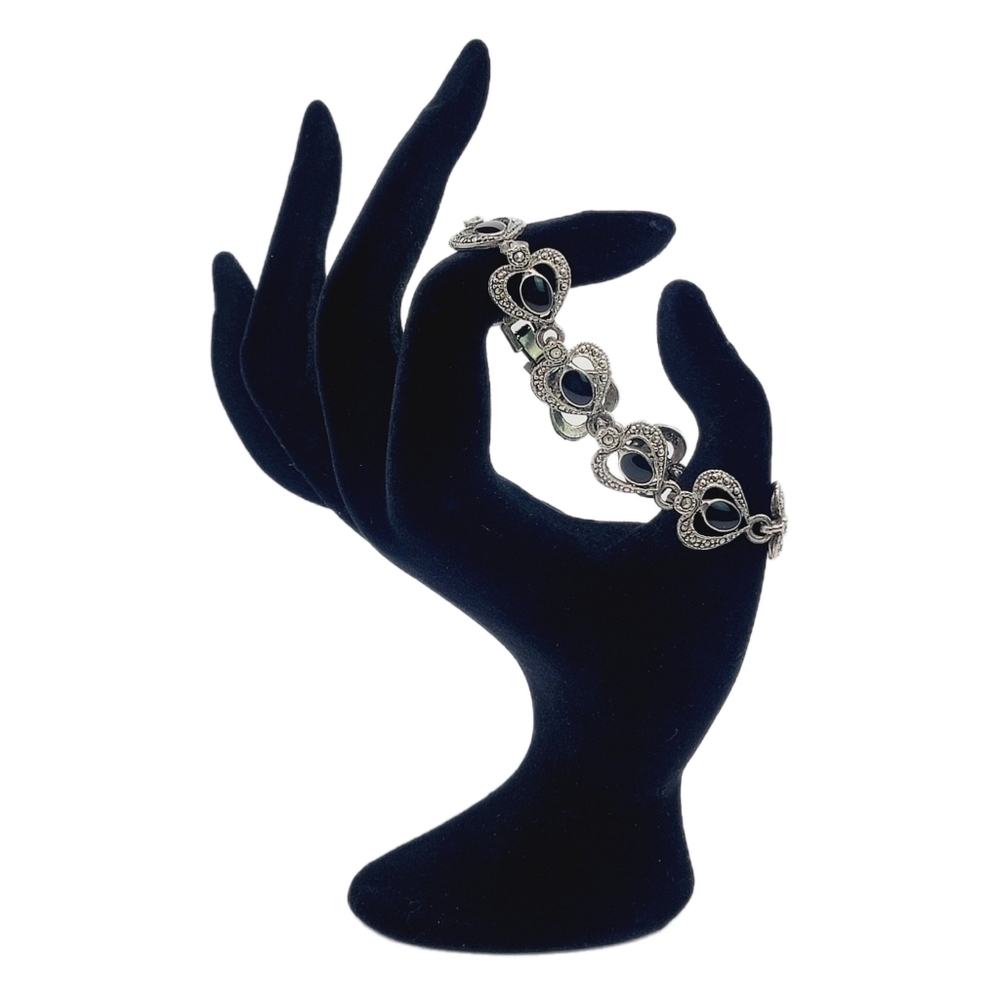Vintage Marcasite Sterling Silver 925 Onyx Heart Link Bracelet﻿